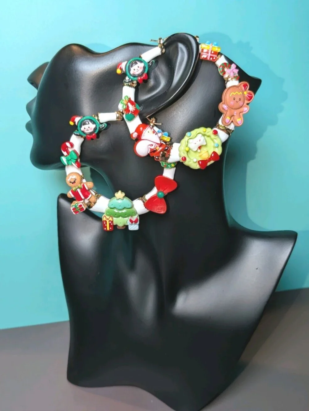 Hand Crafted Christmas Charm Medium Hoop Earrings in Red, Green, White & Gold